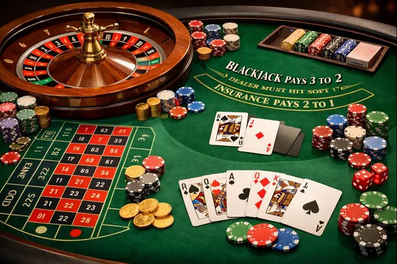 Casino table with roulette and cards